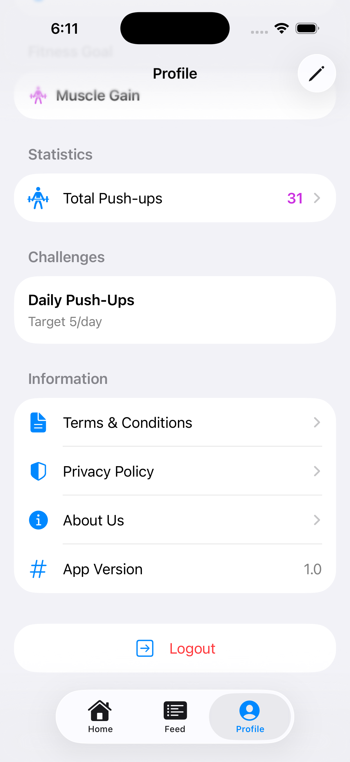 PushUpAI Feed Screen